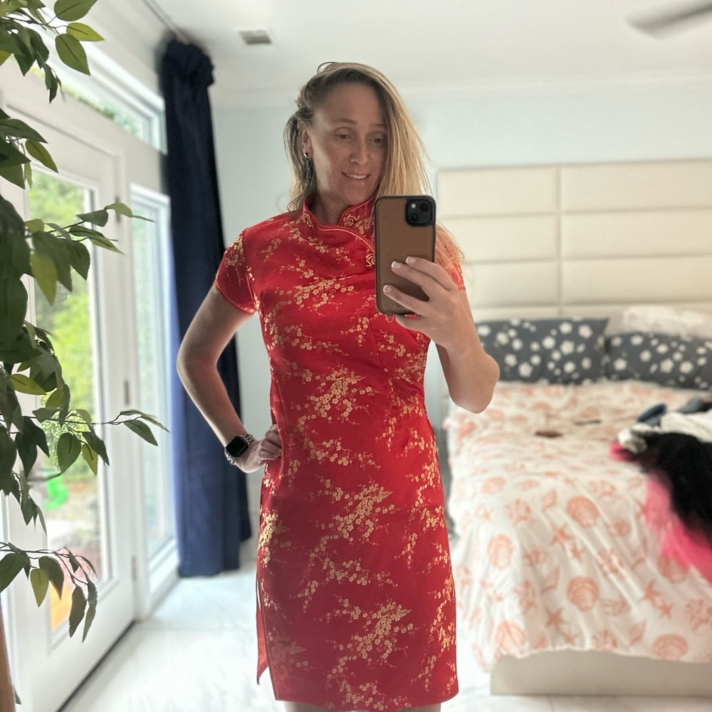 Red Satin Asian-Inspired Cheongsam Qipao Top with Gold Floral Embroidery